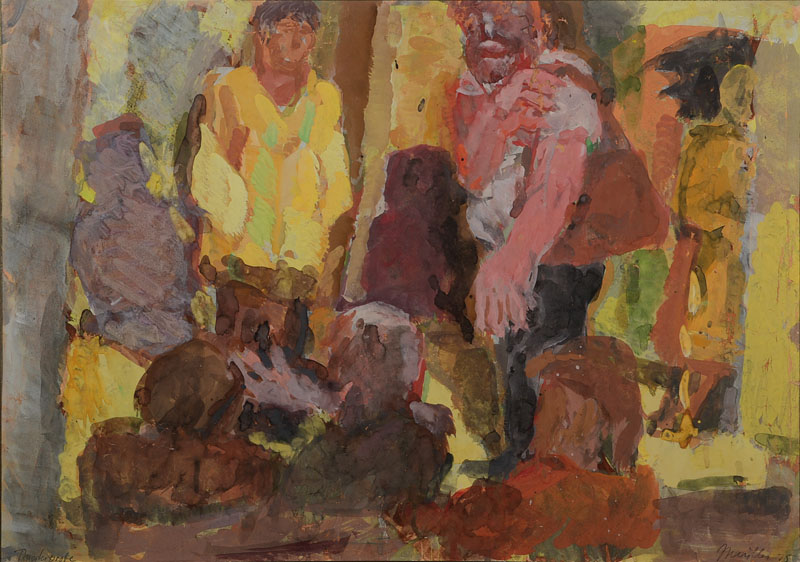 Johannes Müller, geb. 1935, Gouache auf Papier, rechts unten signiert und datiert 75, links unten betitelt Theaterprobe, ca. 40,5x58,5 cm, PP, unter ...