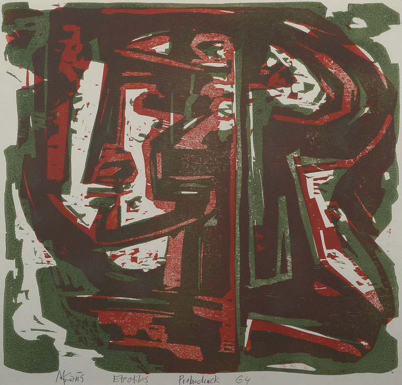 Max Kaus, 1891-1977, Farbholzschnitt, Eteokles, signiert und betitelt, datiert 64, bezeichnet Probedruck, ca. 40x47 cm, unter Glas gerahmt