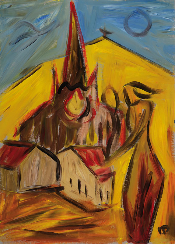 Hartmut Ritzerfeld, geb. 1950 Stolberg, Studium an der Akademie Düsseldorf bei Joseph Beuys und Kneidl, hier: Büsbach, Acryl/Malpappe, rechts unten ...