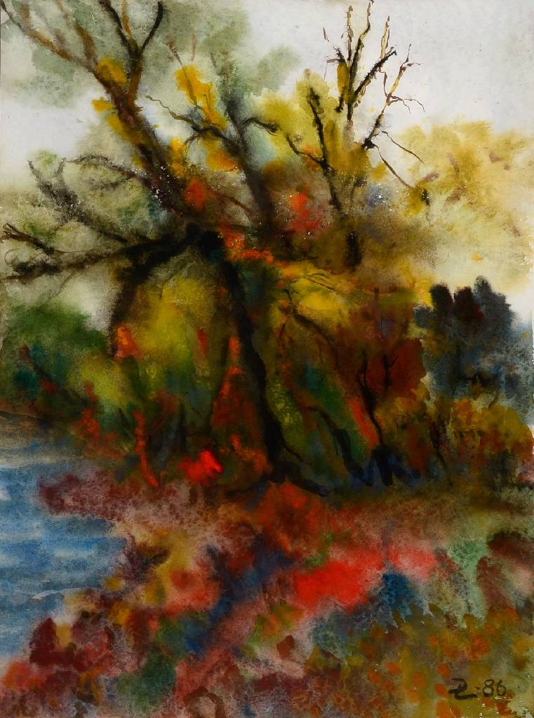 Unbekannter Künstler, Aquarell auf Papier, betitelt: Bäume am Wasser, unleserlich signiert, datiert 86, Blattgr. ca. 55x41.5 cm unter Glas gerahmt