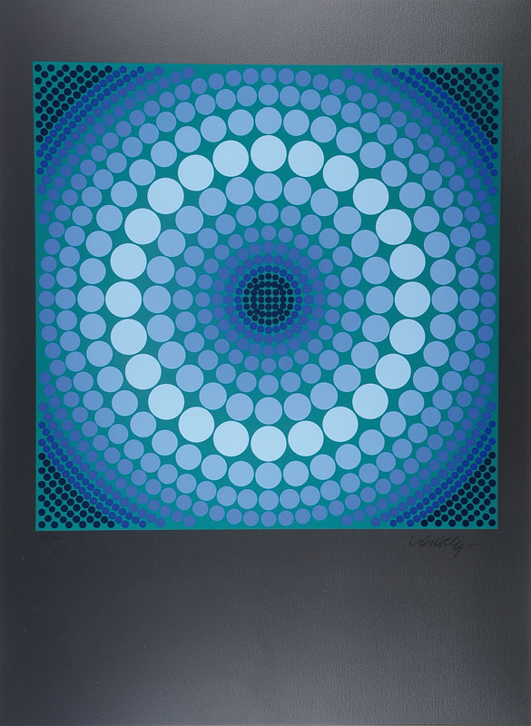 Victor Vasarely, 1908-1997, Ara, Serigrafie in 10 Farben auf silbernem Grund auf Karton, aus 1979, handsigniert und nummeriert 82/90, Kat. Wiesloch ...