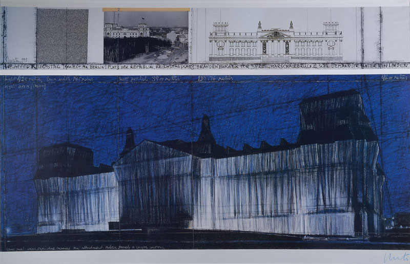 Christo, geb. 1935, Verhüllter Reichstag, Farblithografie auf dickem gehämmerten Karton, handsigniert, aus 1993, ca. 70x100 cm, unter Glas gerahmt