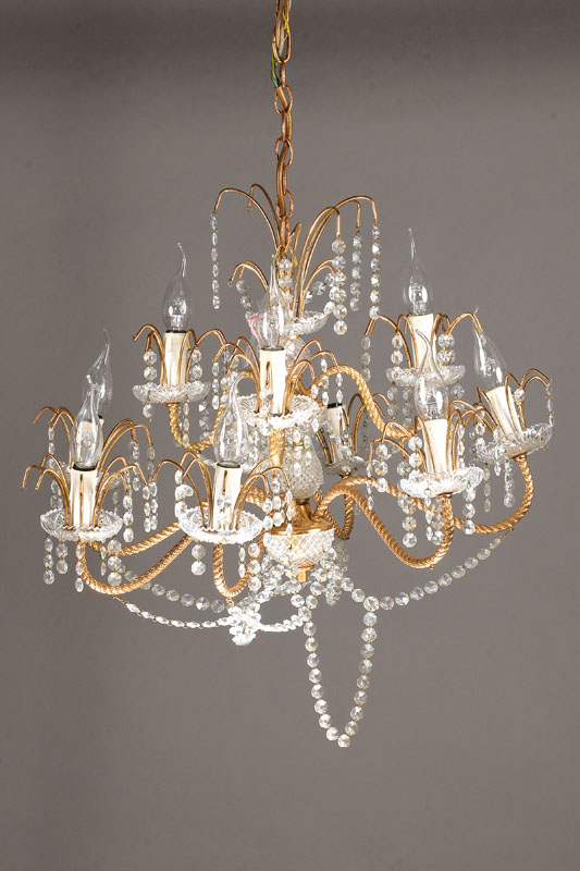 Deckenlampe, 1950er Jahre, 9 Brennstellen, Messingmontur im Kordeldesign, reicher facettierter Glasbehang, Elektr. nicht geprüft, H. ca. 50cm, D. ...