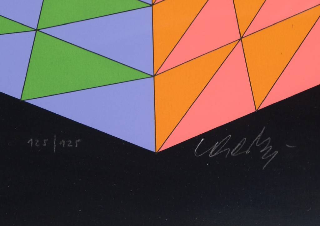 Detail a: Victor Vasarely, 1908-1997, Heisenberg, Serigraphie in 18 Farben, 1979, handsigniert und nummeriert 125/125, Kat. Wiesloch 1986, S. 136, Blattgr. ca. ...