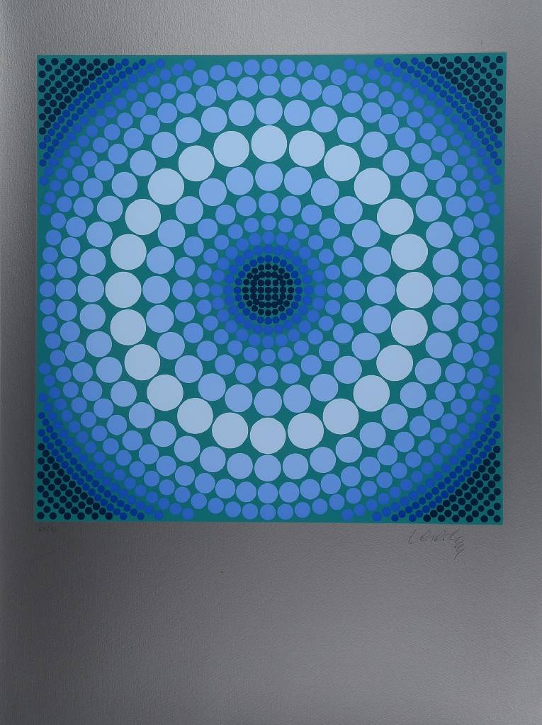 Victor Vasarely, 1908-1997, Ara, Serigraphie in 10 Farben auf silbernem Hintergrund, 1979, handsigniert und nummeriert69/90, Kat. Wiesloch 1986, S. ...