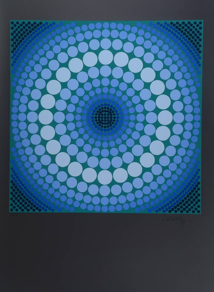 Detail a: Victor Vasarely, 1908-1997, Ara, Serigraphie in 10 Farben auf silbernem Hintergrund, 1979, handsigniert und nummeriert69/90, Kat. Wiesloch 1986, S. ...