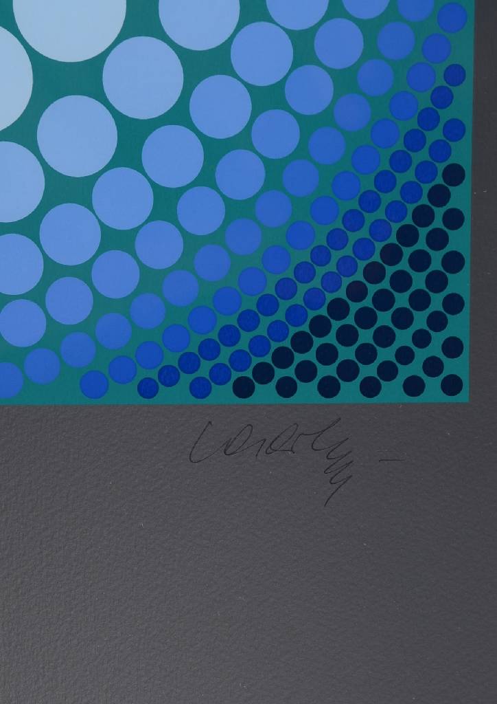 Detail b: Victor Vasarely, 1908-1997, Ara, Serigraphie in 10 Farben auf silbernem Hintergrund, 1979, handsigniert und nummeriert69/90, Kat. Wiesloch 1986, S. ...