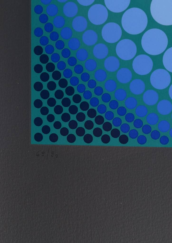 Detail c: Victor Vasarely, 1908-1997, Ara, Serigraphie in 10 Farben auf silbernem Hintergrund, 1979, handsigniert und nummeriert69/90, Kat. Wiesloch 1986, S. ...