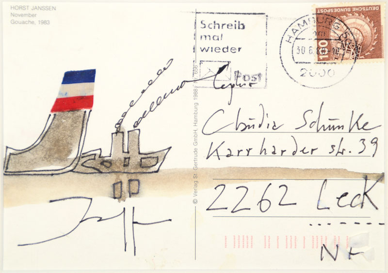 Horst Janssen, 1929-1995, Multiple: handgeschriebene Postkarte mit aquarellierter und applizierter Zeichnung, geschrieben an seine damalige Geliebte ...