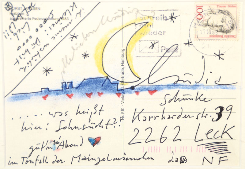 Horst Janssen, 1929-1995, Multiple: handgeschriebene Postkarte mit Buntstiftzeichnung, geschrieben an seine damalige Geliebte Claudia Schunke, aus ...