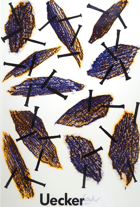 Günther Uecker, geb. 1930, Farblithografie zur Ausstellung 1991 auf leichtem Karton, handsigniert, Erker Galerie St. Gallen, Blattgr. ca. 78x50 cm, ...
