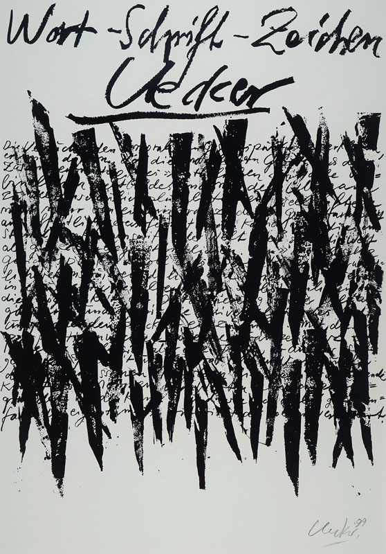 Günther Uecker, geb. 1930, Wort-Schrift-Zeichen, Lithografie zur Ausstellung 1999 auf leichtem Karton, handsigniert, Erker Galerie St. Gallen, ...