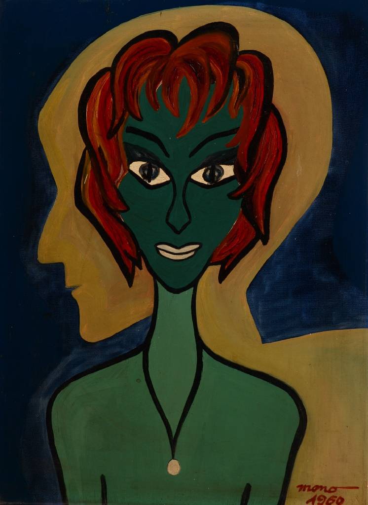 Unbekannter zeitgenössischer Künstler, Abstraktes Mädchenporträt, Acryl/Malplatte, rechts unten signiert Mono und datiert 1960, ca. 60x45