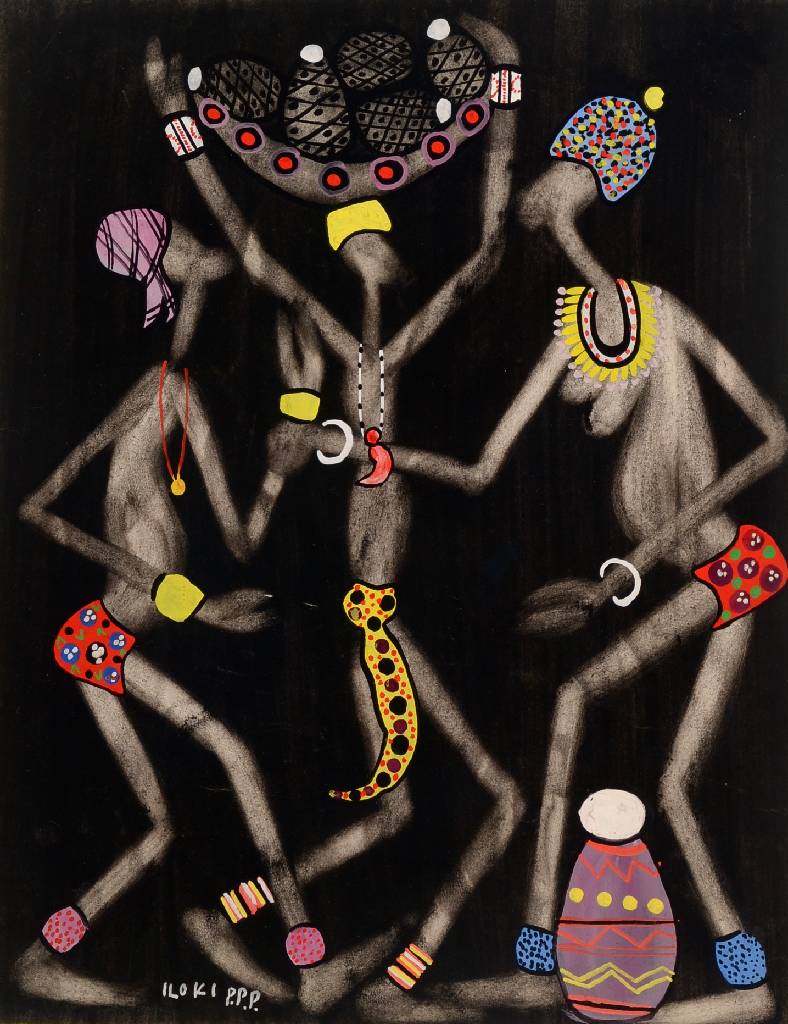 Francois Iloki, 1934 Owando (damals Fort- Rousset/Kongo) bis 1993, drei Figuren mit Früchtekorb, Gouachemalerei auf schwarzem Schabgrund, li. u. ...