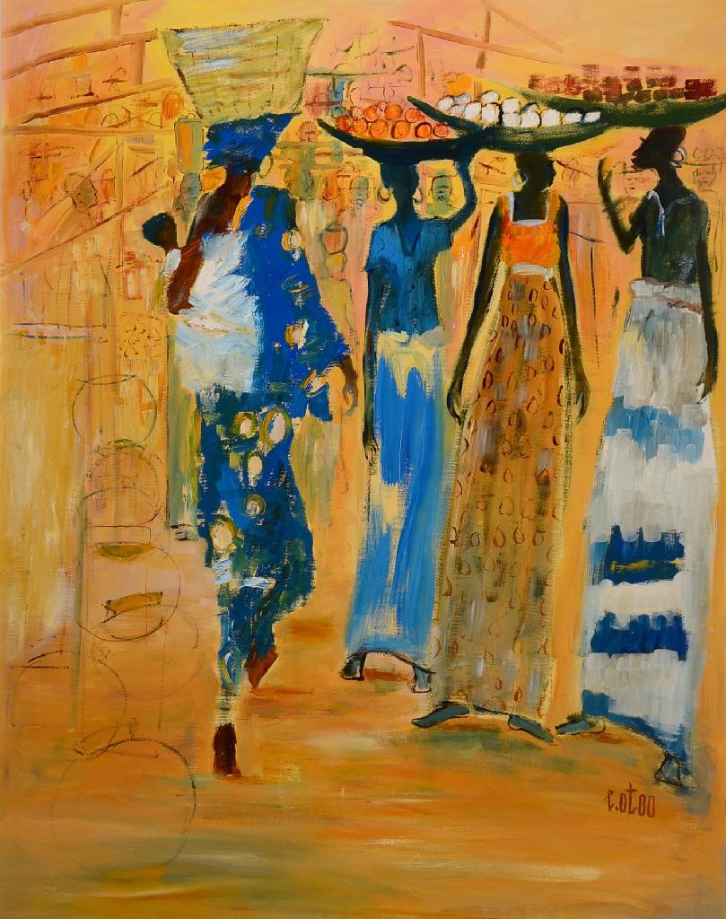 Larry Otoo, geb. 1956 Ghana, Markszene, verso bez. "A warm Market Day", signiert, ca. 76 x 80 cm