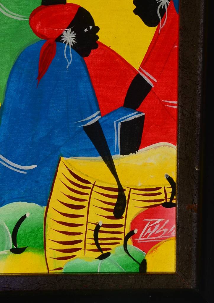 Detail a: Unbekannter Künstler aus Haiti, 2. Hälfte 20. Jh., belebte Straßenszene mit Häusern und hügeliger Landschaft, re. u. unleserlich signiert, ca. ...