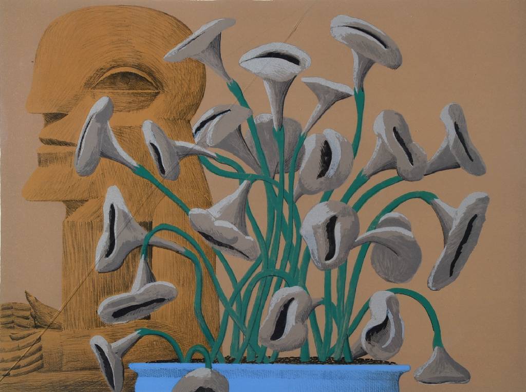 Horst Antes, geb. 1936, Figur mit Blumen, Farblithographie, handsigniert, num. 74/200, ca. 46.5x62cm, Rahmen, Glas gesprungen