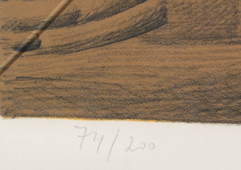Detail a: Horst Antes, geb. 1936, Figur mit Blumen, Farblithographie, handsigniert, num. 74/200, ca. 46.5x62cm, Rahmen, Glas gesprungen