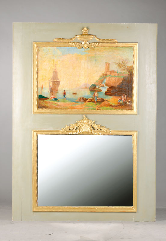 Trumeau, Frankreich, um 1800, Holz gefaßt, auf Rahmen gearbeitet, doppelter applizierter Stuckrahmen mit Perlleiste, Vasen- u. Girlandenbekrönung, ...