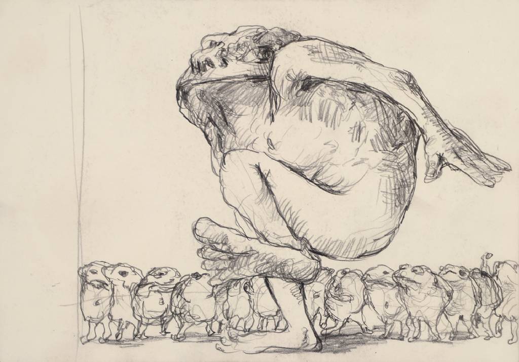 Zhao Yonbo, geb. 1964 Hailong, zwei Zeichnungen, Selbstporträt und Großer undviele Kleine Frösche, 21 x 29 cm/ 29. x 21 cm