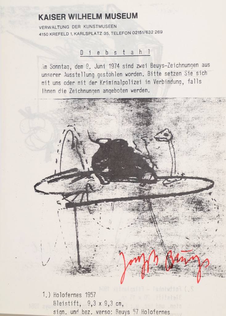Joseph Beuys, 1921 - 1996, Diebstahl, Offset, handsigniert, 1974/77, anlässlich Diebstahlsuche Kaiser Wilhelm Museum Krefeld, vgl. Schellmann/ ...