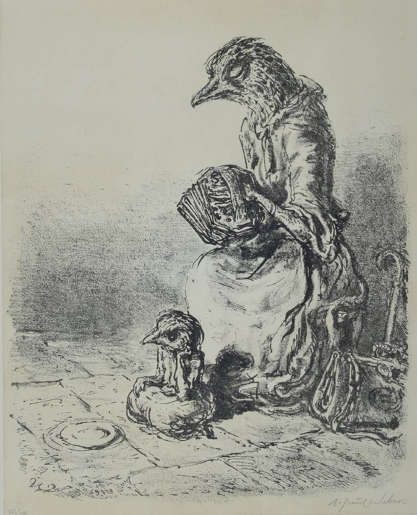 A.Paul Weber, 1883-1980, Lithographie, Vögel als Bettelmusikanten, num. 88/185, handsigniert, ca. 38.5 x 30.5 cm unter Glas, Rahmen