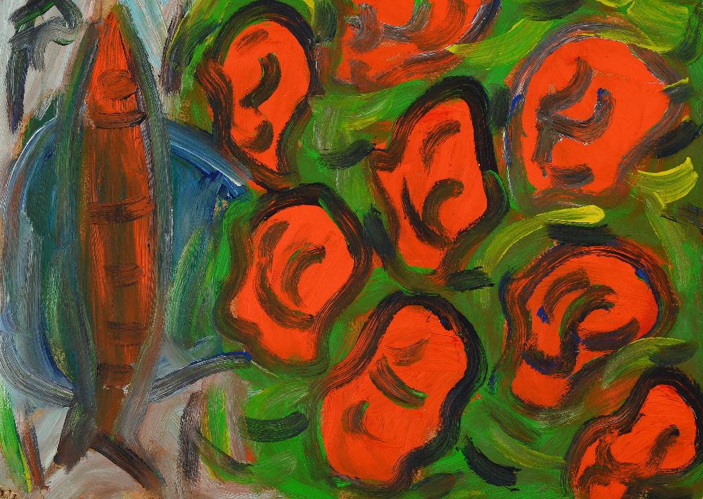 Detail a: Hartmut Ritzerfeld, 1950 Stolberg, drei Acrylmalereien: Pferdekopf, Blumevase mit Fisch und Stadtansicht mit Kirche, Acryl/Platte bzw. Pappe, ...