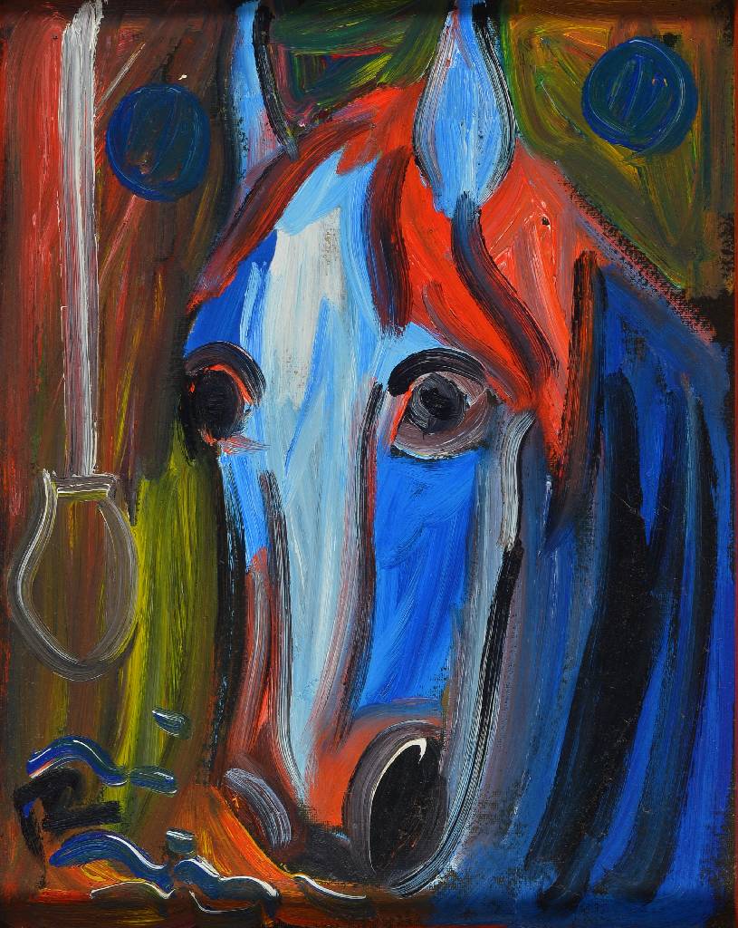 Detail b: Hartmut Ritzerfeld, 1950 Stolberg, drei Acrylmalereien: Pferdekopf, Blumevase mit Fisch und Stadtansicht mit Kirche, Acryl/Platte bzw. Pappe, ...