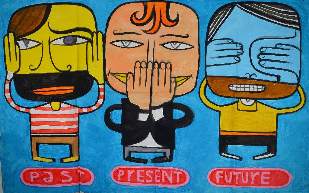 Jim Avignon, geb. 1966, Past-Present-Future, Gouache auf Papier, vierfach gefaltet, kleinere Randschäden, ca. 75x118cm