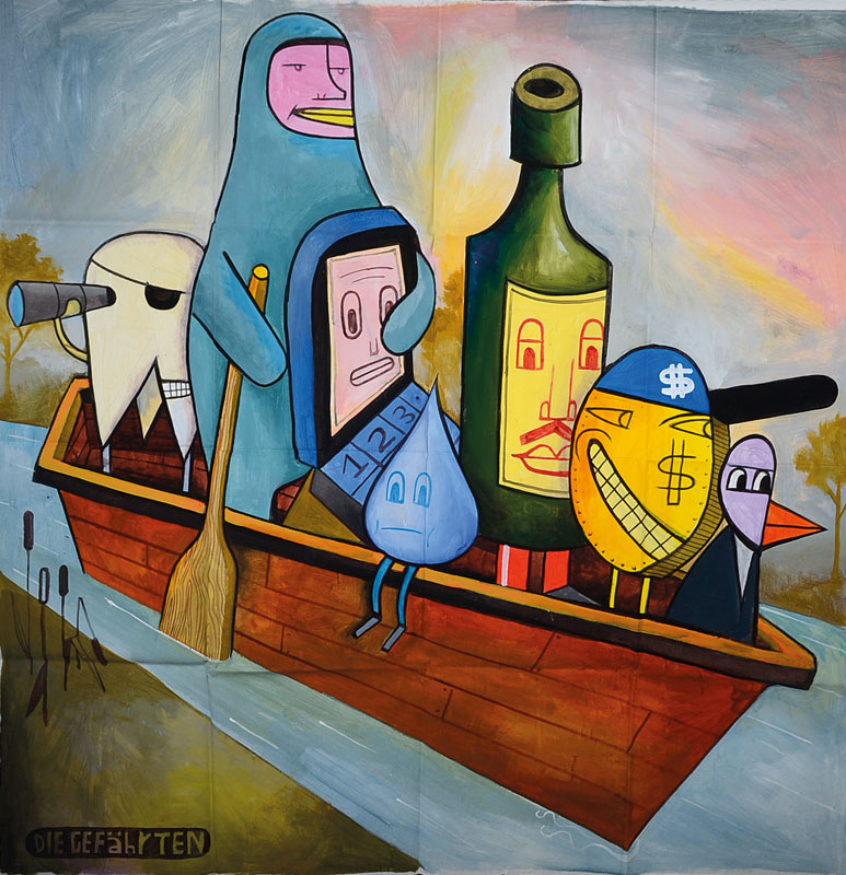 Jim Avignon, geb. 1966, Die Gefährten, Gouache auf mehrfach gefaltetem Papier, betitelt, von 2013, ca. 152x152cm