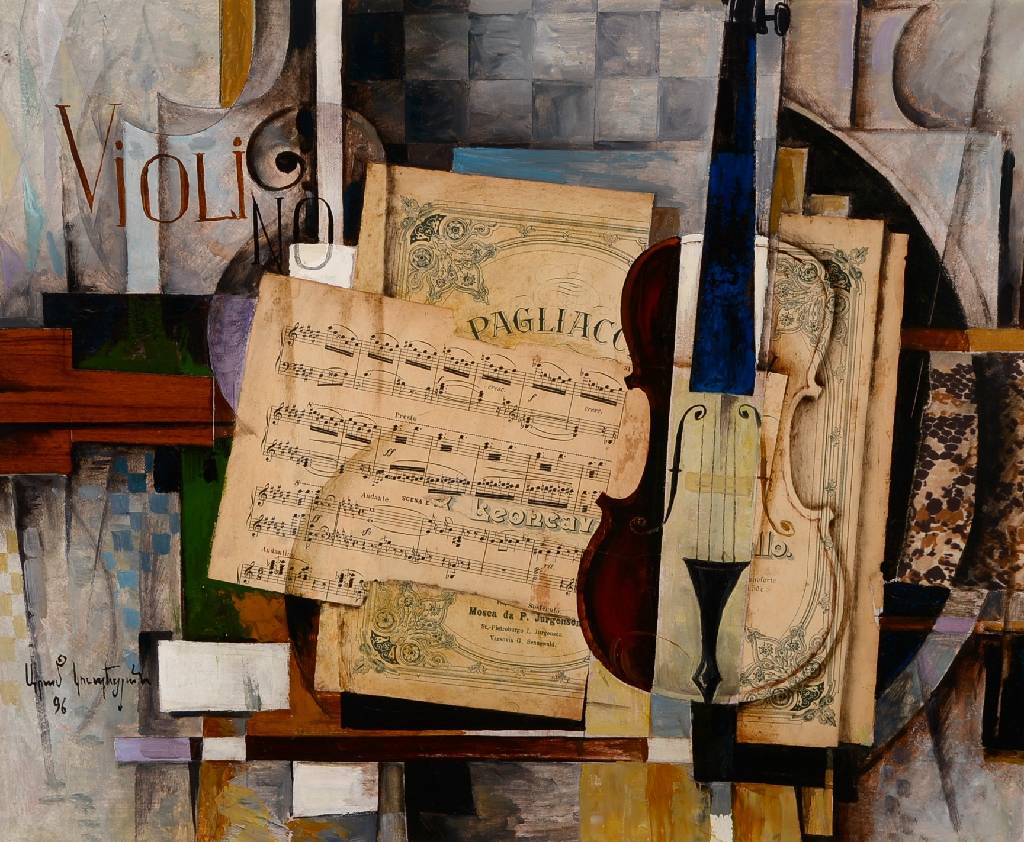Aram Koupetsian, geb. 1928, Öl / Collage auf Lwd, Stillleben, unten links datiert 96, rückseitig signiert, ca. 48.5x59 cm, Rahmen