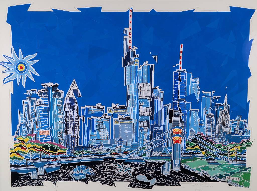 Sabine Pohl, geb. 1953, pfälzische Künstlerin, Schülerin von Bernd Klimmer u. Alvaro Castagnet, hier: Skyline Frankfurt, Collage, unter Glas ...