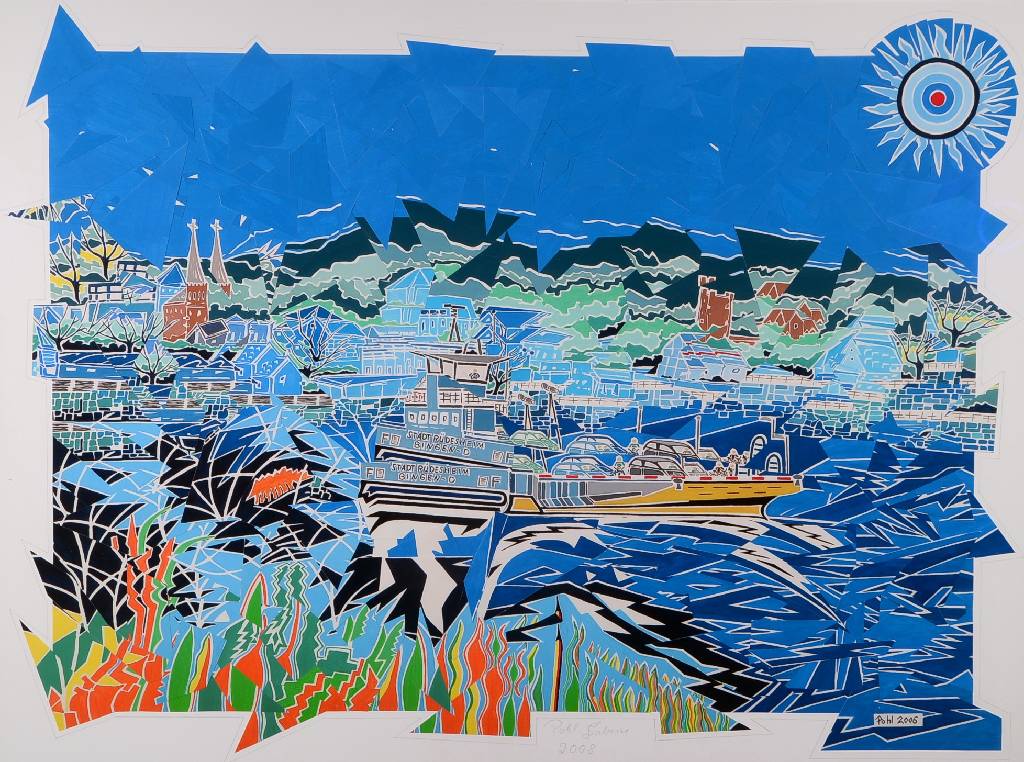 Sabine Pohl, geb. 1953, pfälzische Künstlerin, Schülerin von Bernd Klimmer u. Alvaro Custagnet, hier: Fähre Rüdesheim, Collage, unter Glas ...