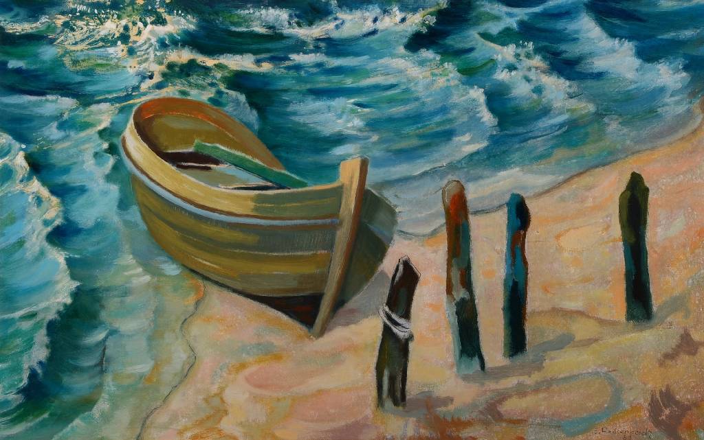 Erich Rockenbach, 1911-1984, Boot am Strand, Öl auf Papier, signiert und datiert 61, ca. cm, unter Glas gerahmt