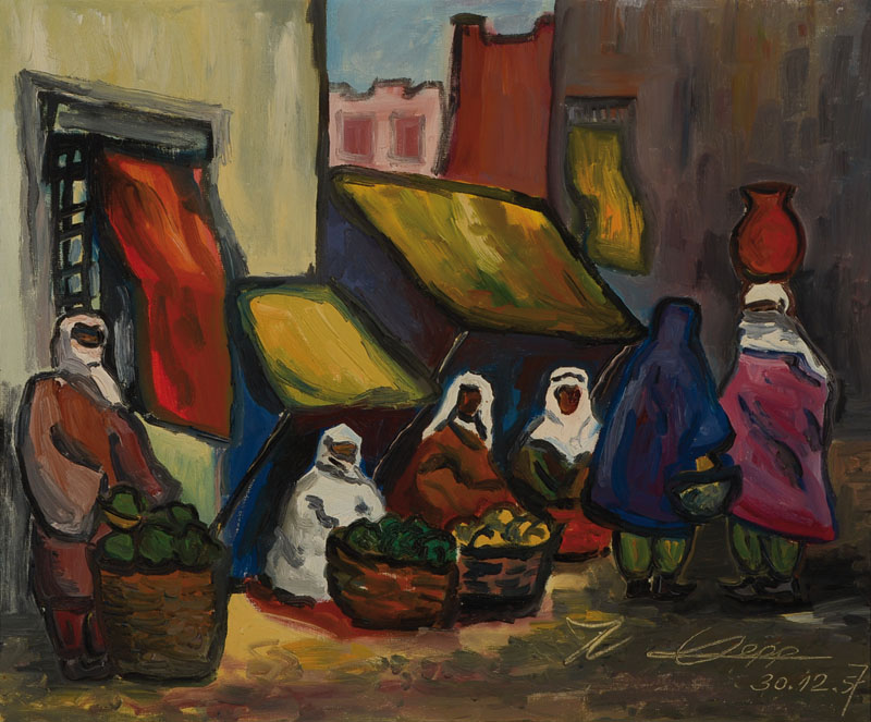Unbekannter Künstler, Marktszene, Öl/Lwd, rechts unten signiert Depp o.ä., datiert 30.12.1957, ca. 50x60 cm, Rahmen