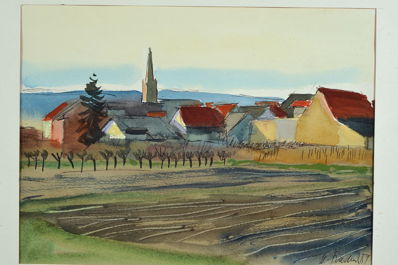 Heinz Friedrich, geb. 1924 Schwetzingen, Studium an den Akademien Stuttgart und Karlsruhe, hier: Blick auf Göcklingen, Aquarell, rechts unten ...