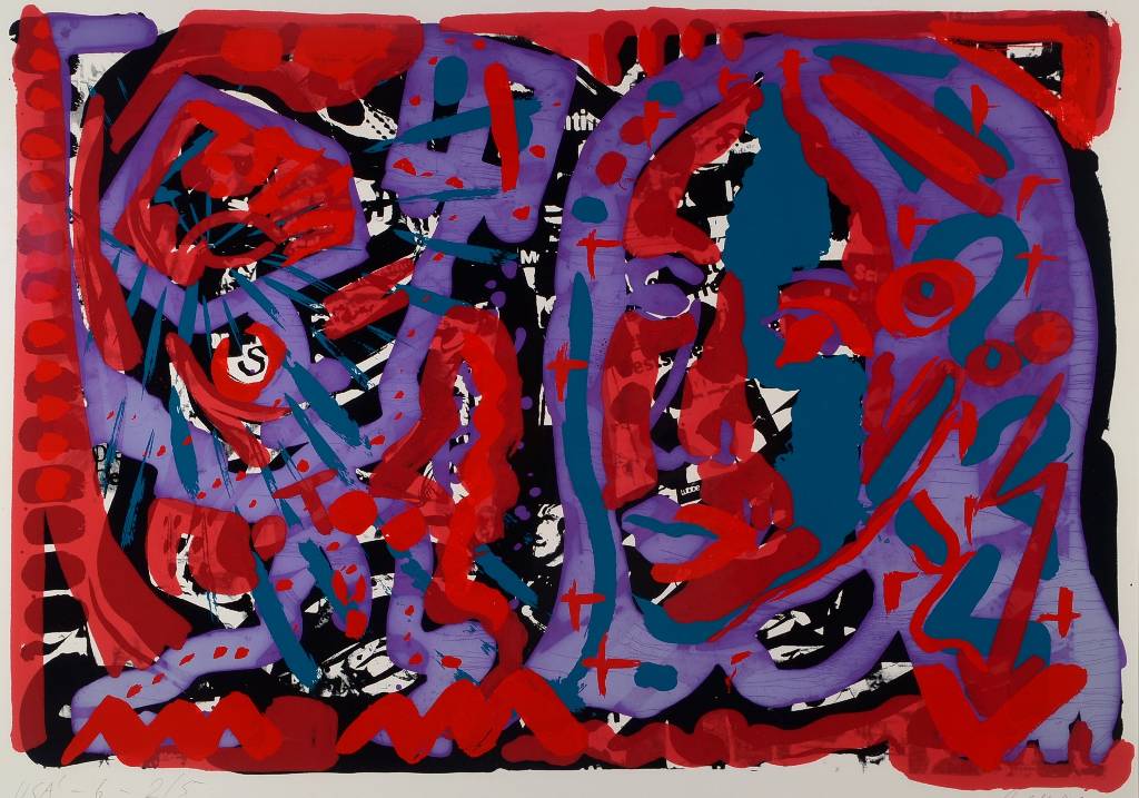A.R. Penck, geb. 1939, Farbsiebdruck auf Papier, aus 1980, nummeriert 2/5, betitelt USA'-6-, datiert 80, Blattgr. ca. 66,5x90 cm, links unten ...