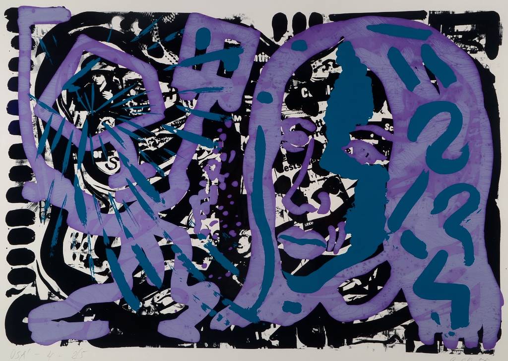 A.R. Penck, geb. 1939, Farbsiebdruck auf Papier, aus 1980, handsigniert und nummeriert 2/5, betitelt USA'-4-, datiert 80, Blattgr. ca. 66.5x90 ...