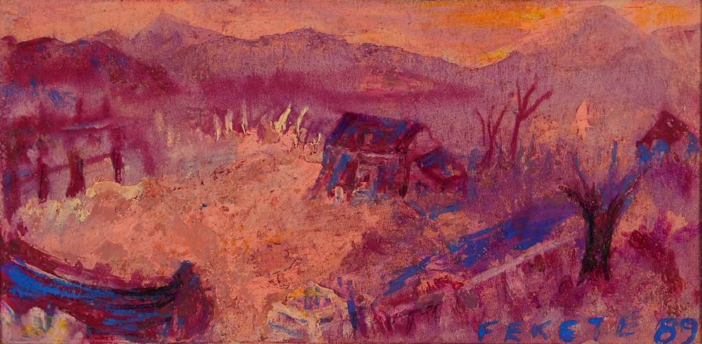 Esteban Fekete, 1924-2009, Landschaft im Abendrot, Mischtechnik auf Papier, rechts unten signiert und datiert 89, ca. 10x20cm, Rahmen