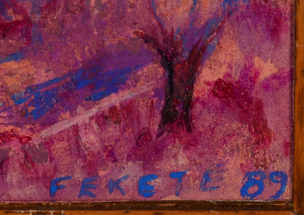 Detail a: Esteban Fekete, 1924-2009, Landschaft im Abendrot, Mischtechnik auf Papier, rechts unten signiert und datiert 89, ca. 10x20cm, Rahmen
