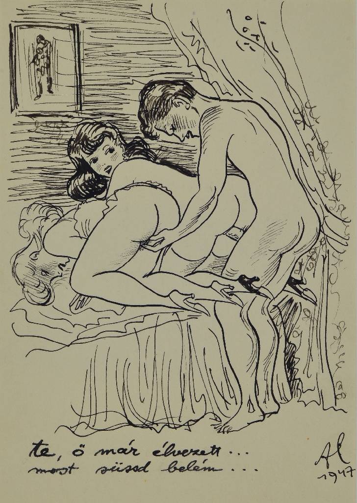 Alexander Székely, 1901-1940, Federzeichnung, "Olympinasz", monogrammiert und datiert 1947, Blattgr. ca. 15x10,5 cm, PP, Gesamt ca. 25x20 ...