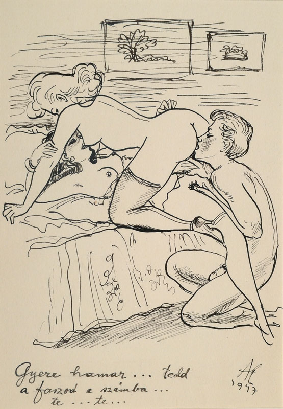 Alexander Székely, 1901-1940, Federzeichnung, "Olympinasz", monogrammiert und datiert 1947, Blattgr. ca. 15x10,5 cm, PP, Gesamt ca. 25x20 ...