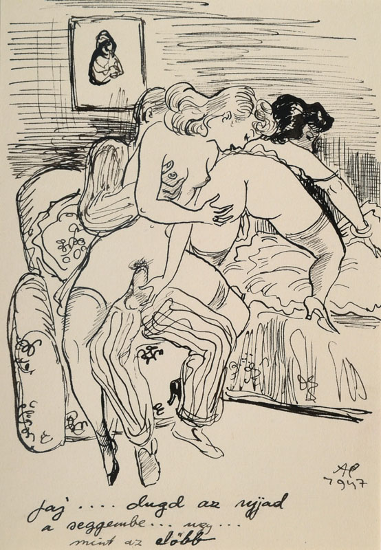 Alexander Székely, 1901-1940, Federzeichnung, "Olympinasz", monogrammiert und datiert 1947, Blattgr. ca. 15x10,5 cm, PP, Gesamt ca. 25x20 ...