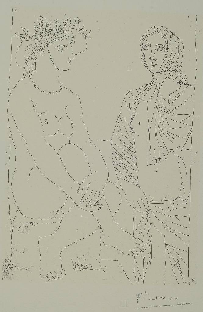 Pablo Picasso, 1881-1973, Sitzende Frau mit Hut und stehende Frau mit Draperie, Lithographie nach der Auflage Suite Vollard, 300 Exemplare auf Velin, ...