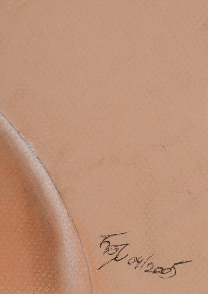 Detail a: Unbekannter zeitgenössischer Künstler, Akt mit Peitsche, Kreide auf beigem Papier, unleserlich signiert und datiert 04/2005, Blattgr. ca. 70x50 cm
