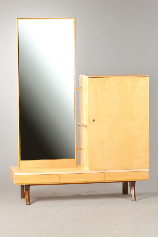 Kommode mit Spiegel, Mid-Century-Design, Ahornfurnier, 1-türiger Korpus mit 3 Schüben u. 2 Freiflächen, ausziehbare gefärbte Glasplatte, ideal ...