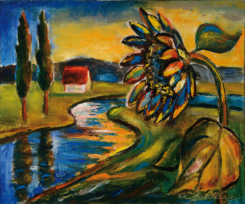 Unbekannter zeitgenössischer Künstler, Landschaft mit Sonnenblume, Öl/Lwd, rechts unten signiert Stauffer, ca. 51x61 cm, Rahmen