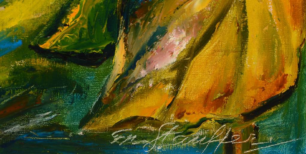 Detail a: Unbekannter zeitgenössischer Künstler, Landschaft mit Sonnenblume, Öl/Lwd, rechts unten signiert Stauffer, ca. 51x61 cm, Rahmen