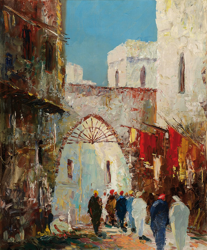 Babtiste Calabera Fez, Orientmaler Mitte 20. Jhd., orient. Straßenszene, signiert und verso signiert, 60x50 cm, Rahmen
