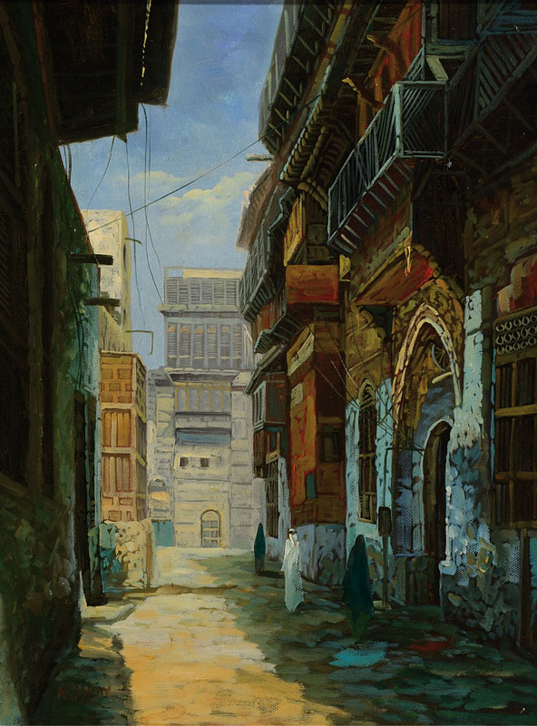 Unbekannter Orientalist, 2. Hälfte 20. Jhd.,Straßenansicht mit Personenstaffage, Öl/Lwd, ca. 42x32 cm, Rahmen